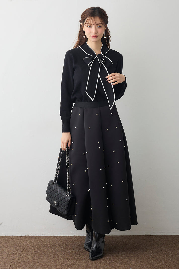 [予約/SET]配色ボウタイリボンニット+マルチパターンボンディングフレアスカート(2set)