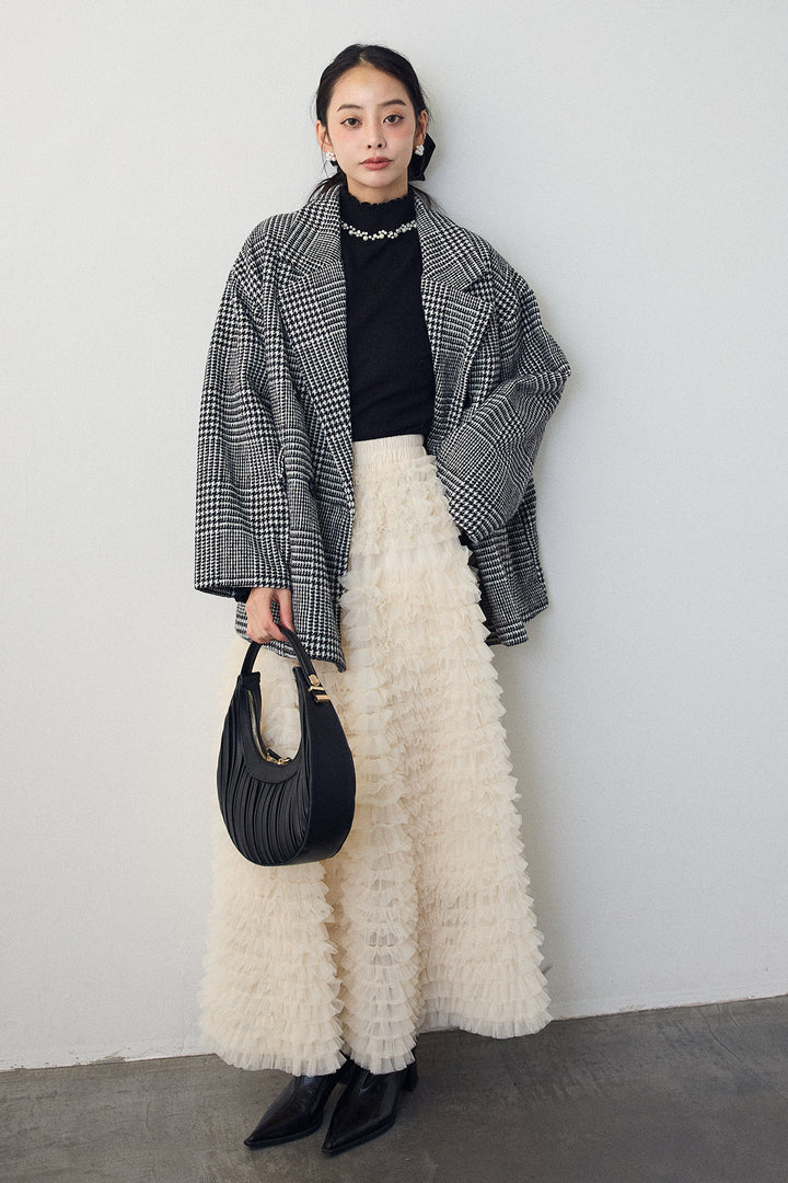 [予約/SET]チェック柄ボクシーコート+ホイップチュールティアードスカート(2set)