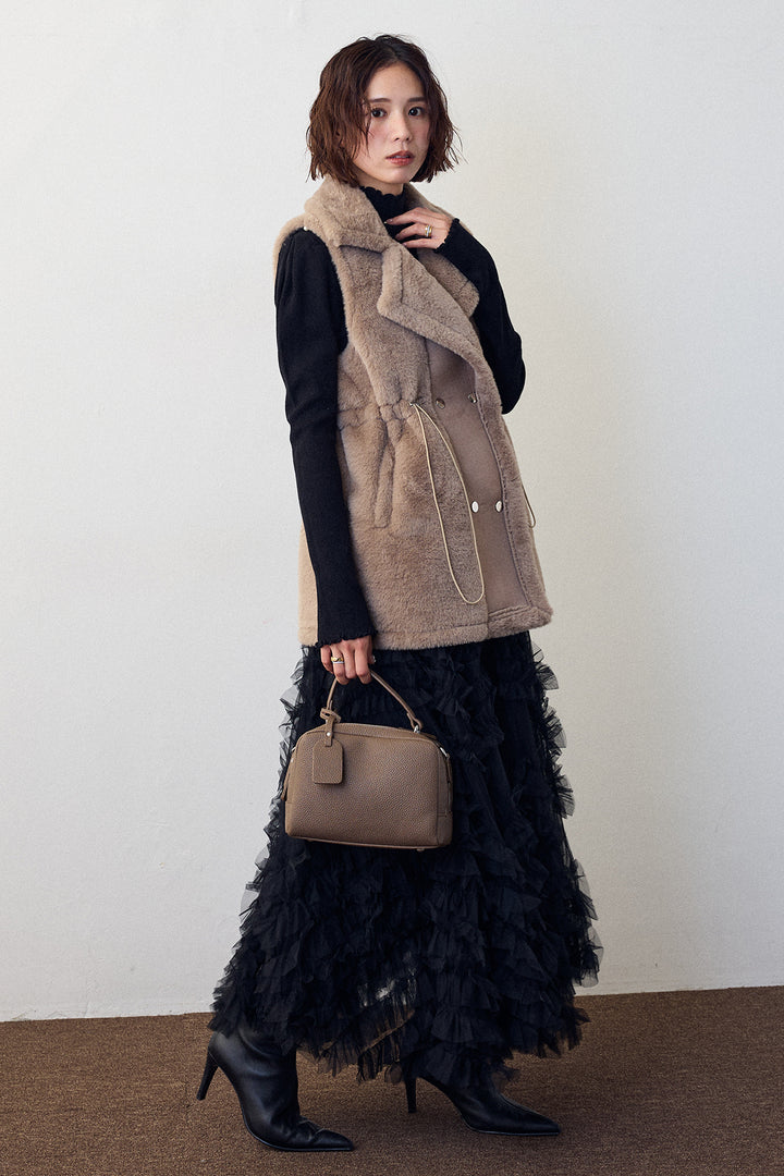 [予約/SET]ネックショルダーパールポイントニット+テディボアウエストドロストベスト+スフレアシメチュールスカート(3set)