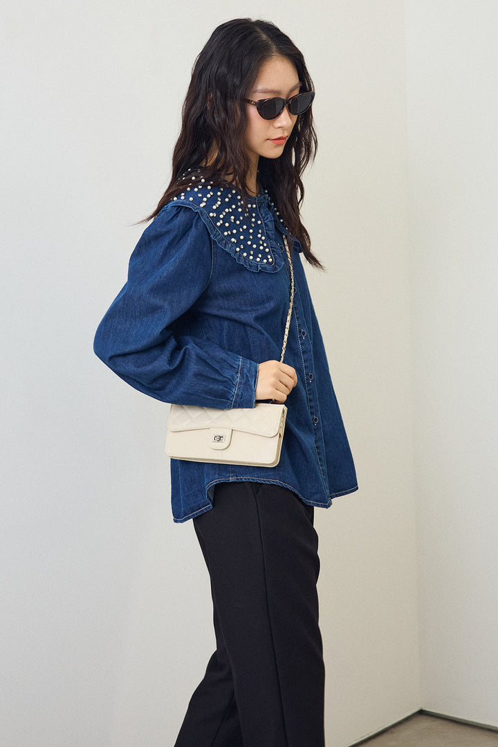 [予約/SET]パールBIGカラーデニムシャツ+タックテーパードパンツ(2set)