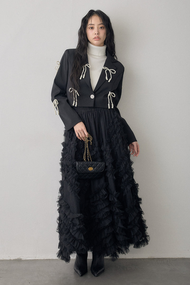 [予約/SET]ベーシックリブタートルニット+パールリボンクロップドジャケット+スフレアシメチュールスカート(3set)