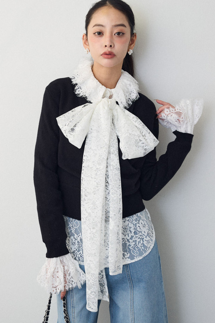 [予約/SET]クラシカルレースボウタイブラウス+カシュクールデザインニット(2set)