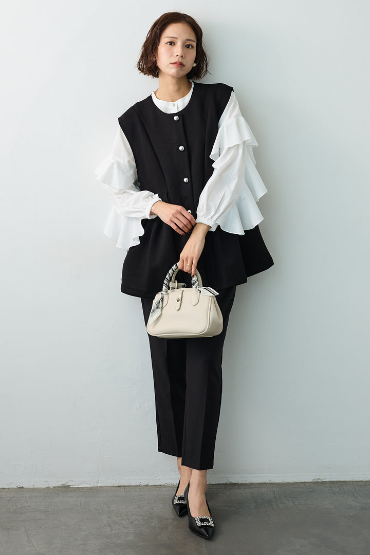 [予約/SET]ティアードフリルスリーブパールボタンブラウス+ペプラムラインシルバーボタンジレ+タックテーパードパンツ(3set)