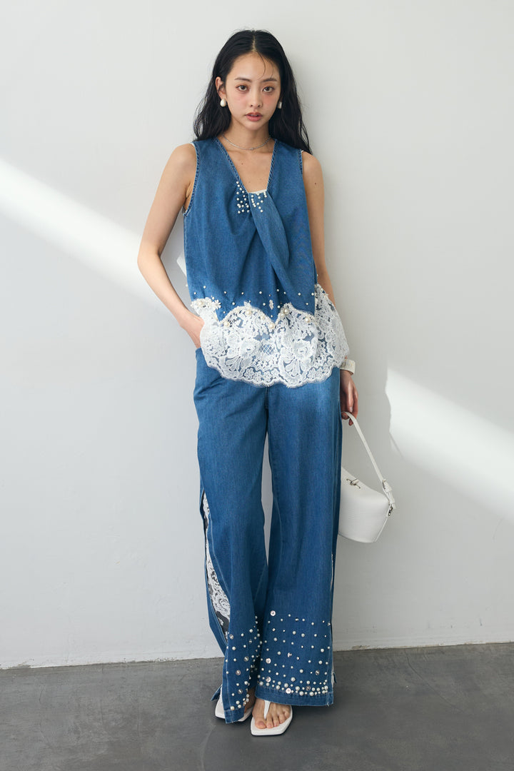 [予約]レースデコラティブパールデニムセットアップ