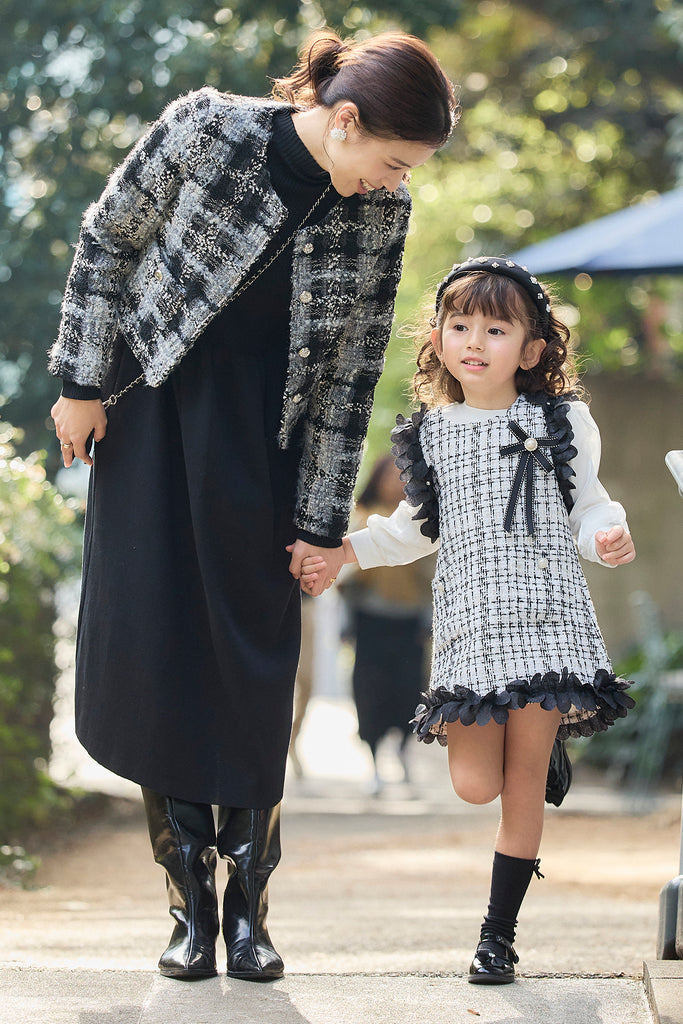 予約/親子SET]ツイードチェッククロップドジャケット+リブセミフレア