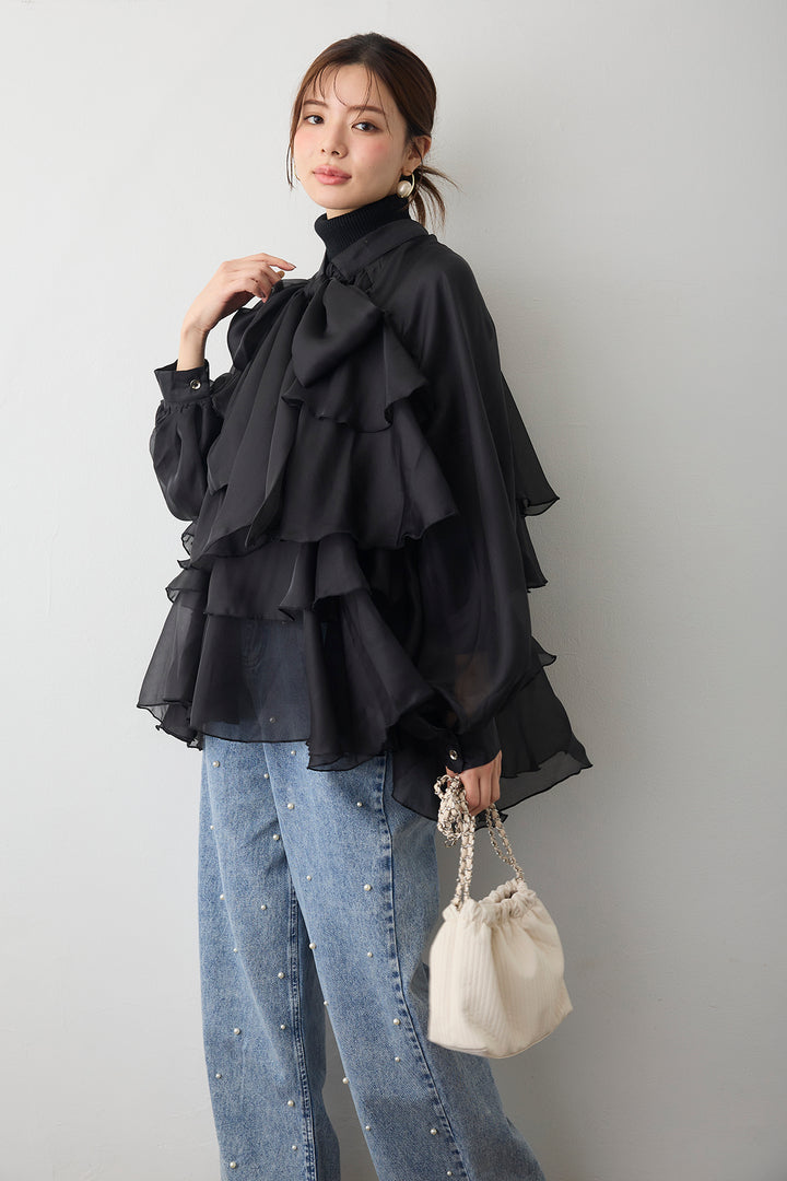 [予約/SET]フロントBIGリボンティアードエアリーチュニック+パールスタッズストレートハイウエストデニム(2set)