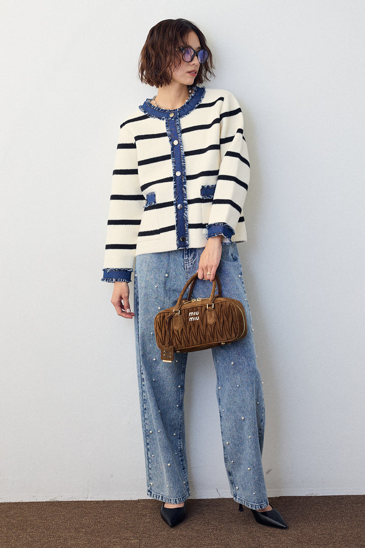 [予約/SET]デニムドッキングマルチパターンカーデ+パールスタッズストレートハイウエストデニム(2set)