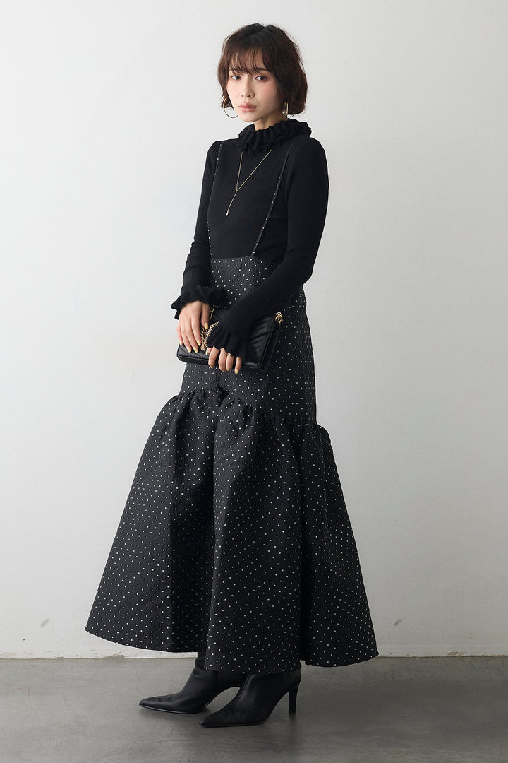 [予約/SET]ダブルフリルカラーニットプルオーバー+ドットジャガードギャザーフレアスカート(2set)