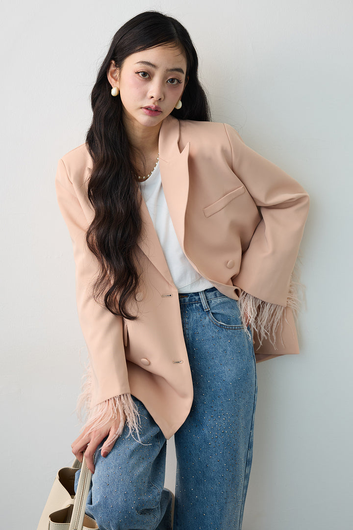 [予約/SET]エアリーファザーレディライクジャケット+ラインストーンストレートデニム(2set)