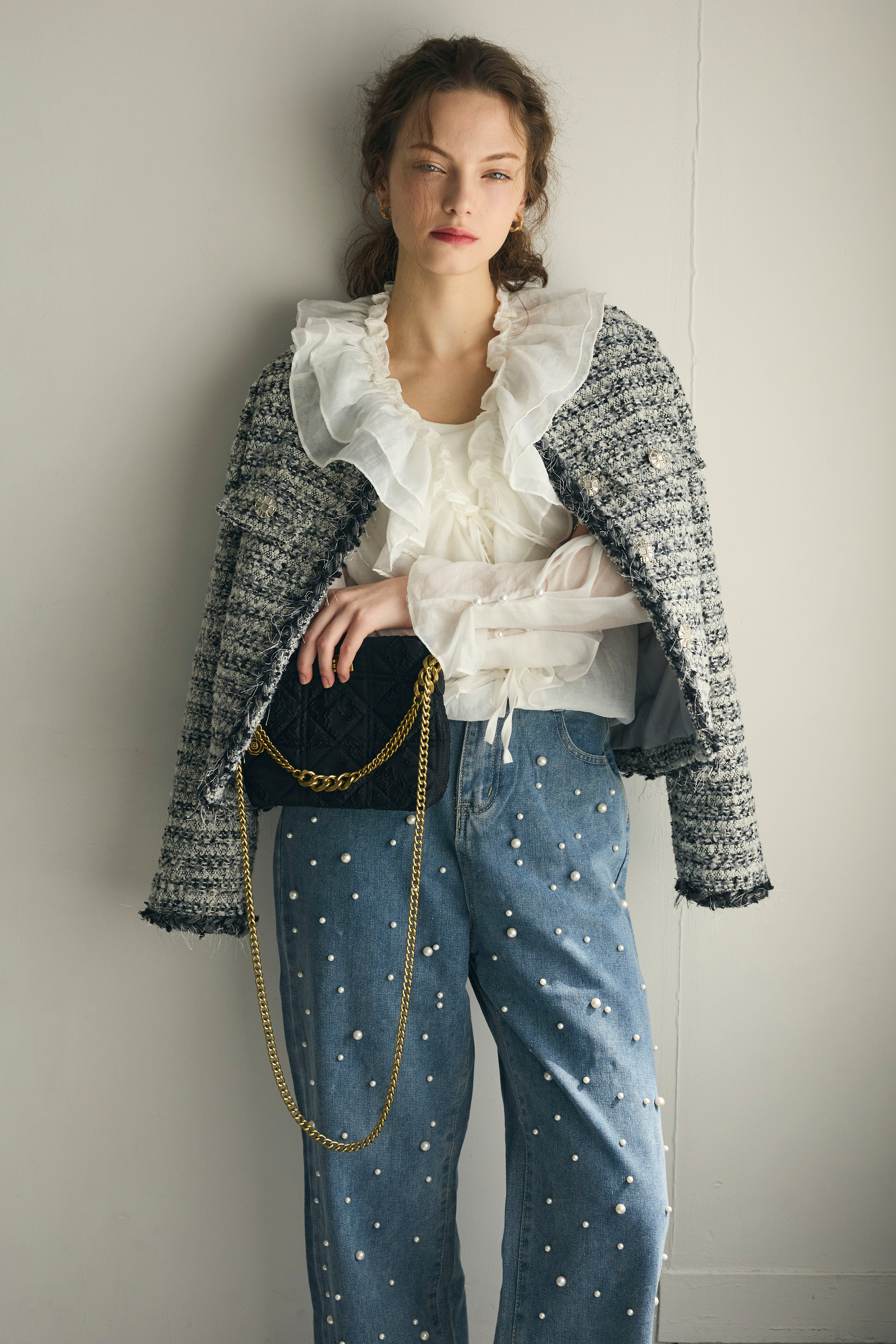 予約/SET]エアリーラッフルフリルブラウス+フリンジツイードクラシカル