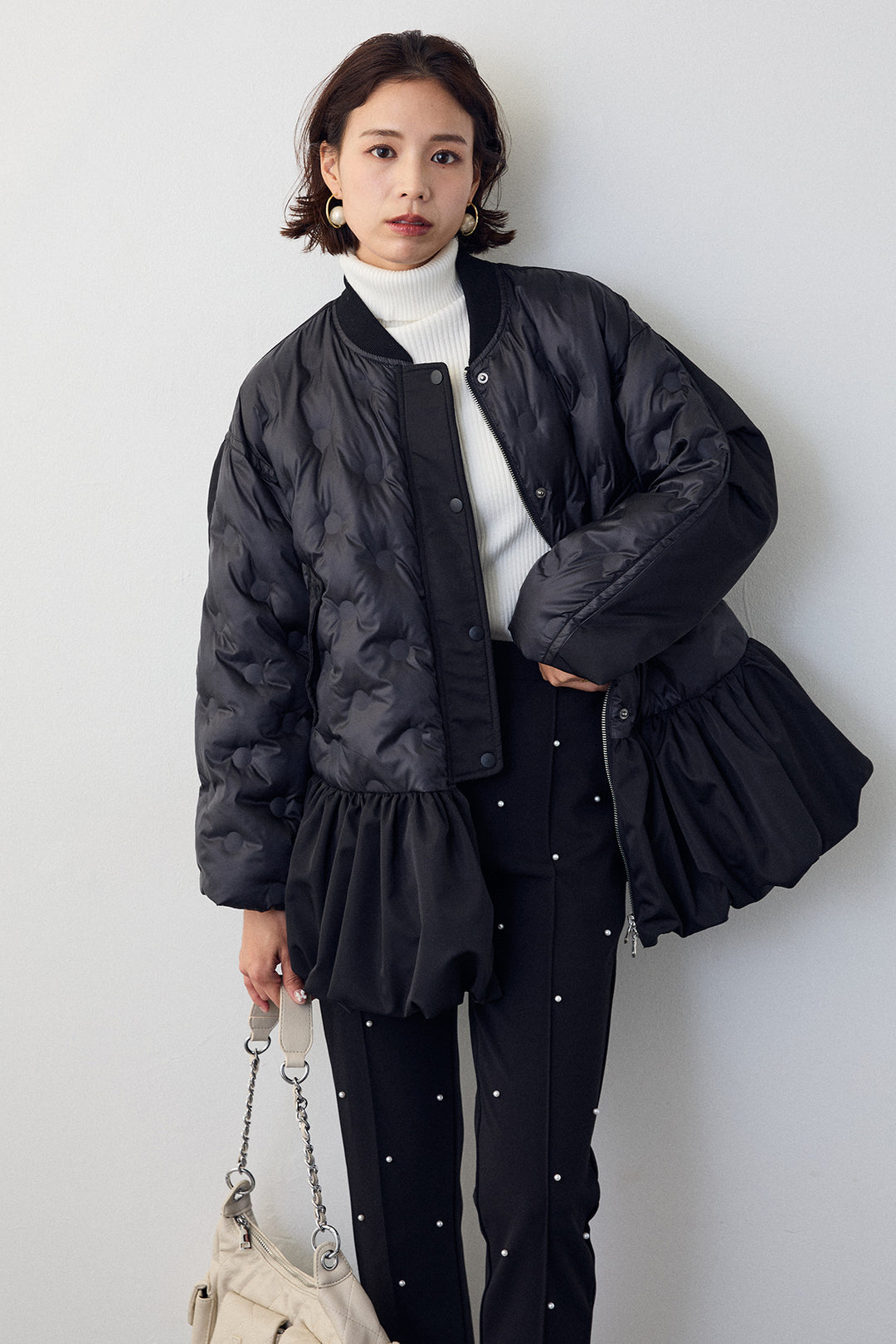 [予約]ヘムギャザードットキルティング中綿フレアコート