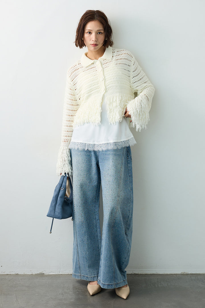 [予約/SET]メッシュフリンジクロップドニット+スパークルラインストーンカーブデニム(2set)