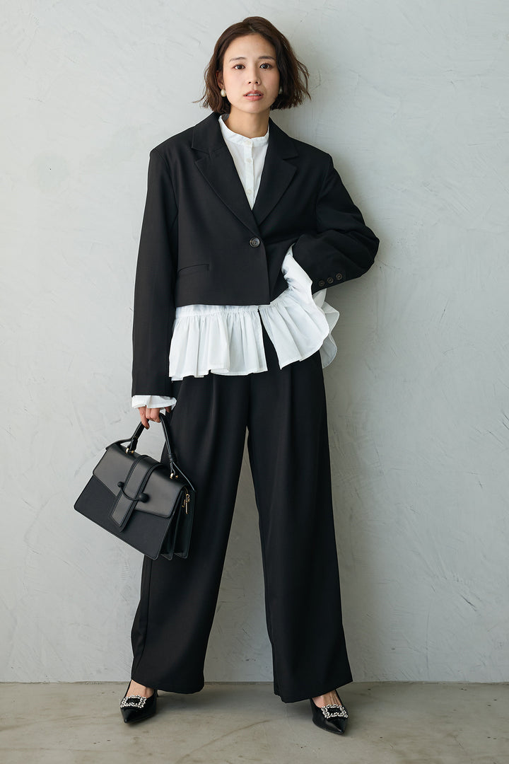[予約/SET]フリルヘムスリーブブラウス+クロップドマニッシュシンプルジャケット+ツイルシンプルストレートパンツ(3set)