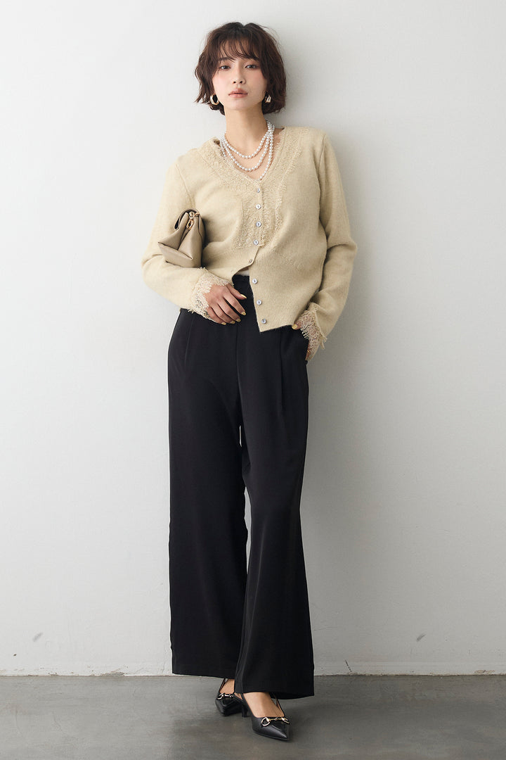 [予約/SET]レースVラインボタンニット+とろみドロストワイドパンツ(2set)