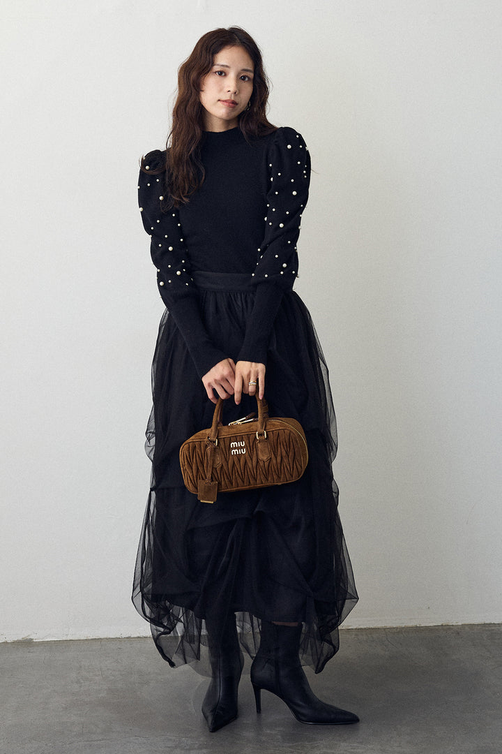 [予約/SET]パフスリーブランダムパールニット+マルチパターンタックチュールスカート(2set)