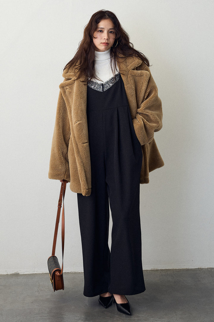 [予約/SET]テディボアミディ丈コート+レースキャミオールインワン(2set)