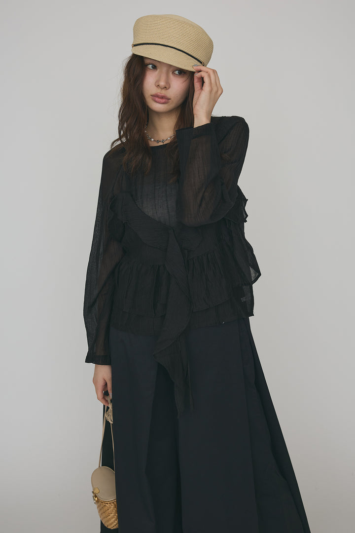 [予約/SET]ドレープフリルシアーレーヤードトップス+フロントサイドタックワイドパンツ(2set)