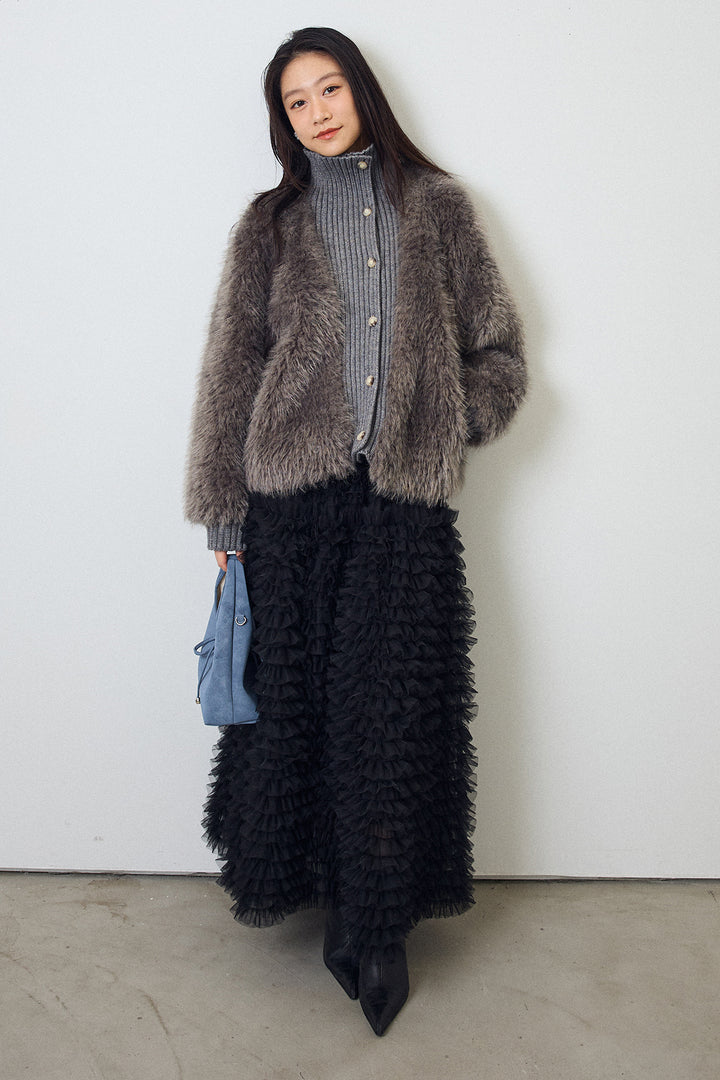 [予約/SET]シャギーファー×リブニットミックスジャケット+ホイップチュールティアードスカート(2set)