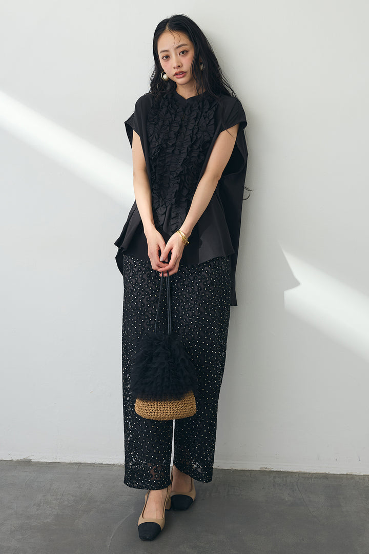 [予約/SET]ホイップフリルフレンチスリーブブラウス+刺繍フラワーシャイニーパンツ(2set)