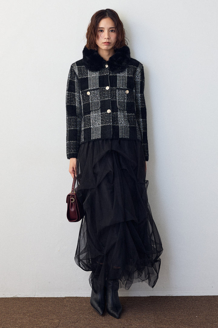 [予約/SET]チェック柄ファー襟コーディガン+マルチパターンタックチュールスカート(2set)