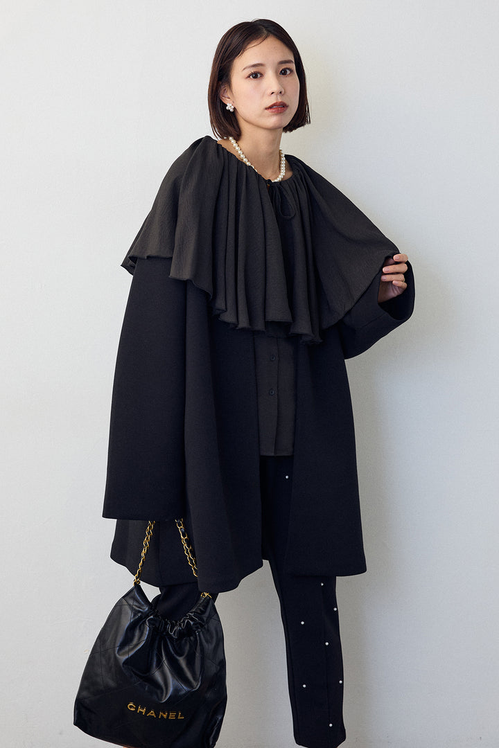 [予約/SET]BIGフリルカラーブラウス+フリルポケットボンディングノーカラーコート(2set)