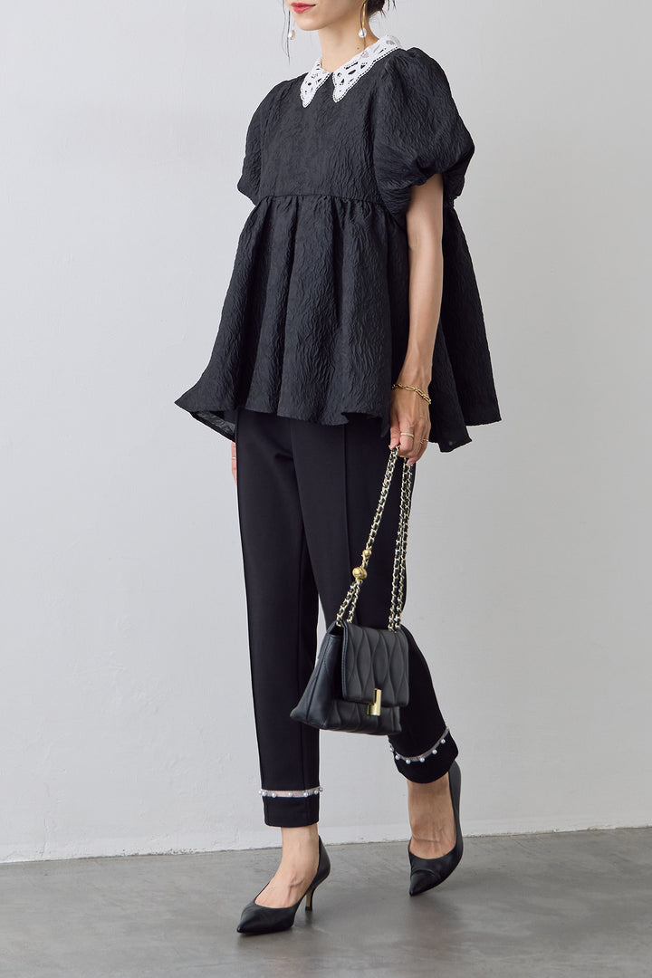 [予約/SET]レース襟パフスリーブワッシャーブラウス+シアーパールヘムテーパードパンツ(2set)