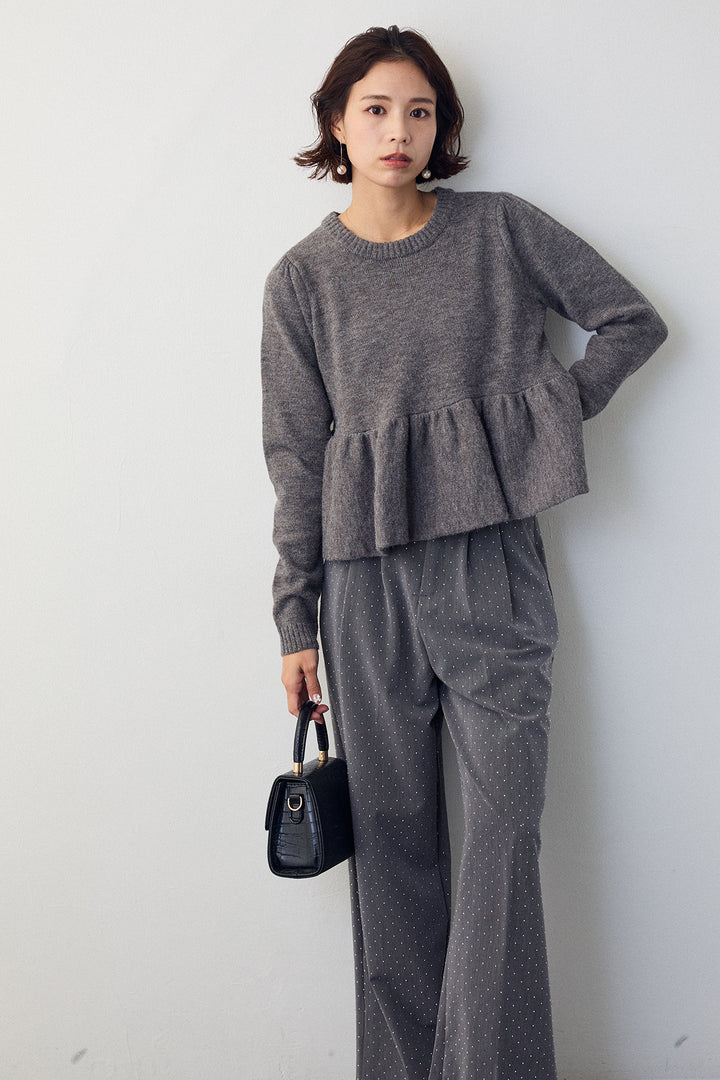 [予約/SET]アルパカタッチバルーンヘムニットプルオーバー+ラインストーンストレートパンツ(2set)