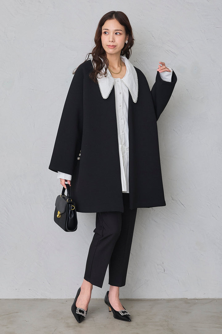 [予約/SET]パールライン襟×プリーツシャツ+ポケットパール付きダンボールコート+タックテーパードパンツ(3set)