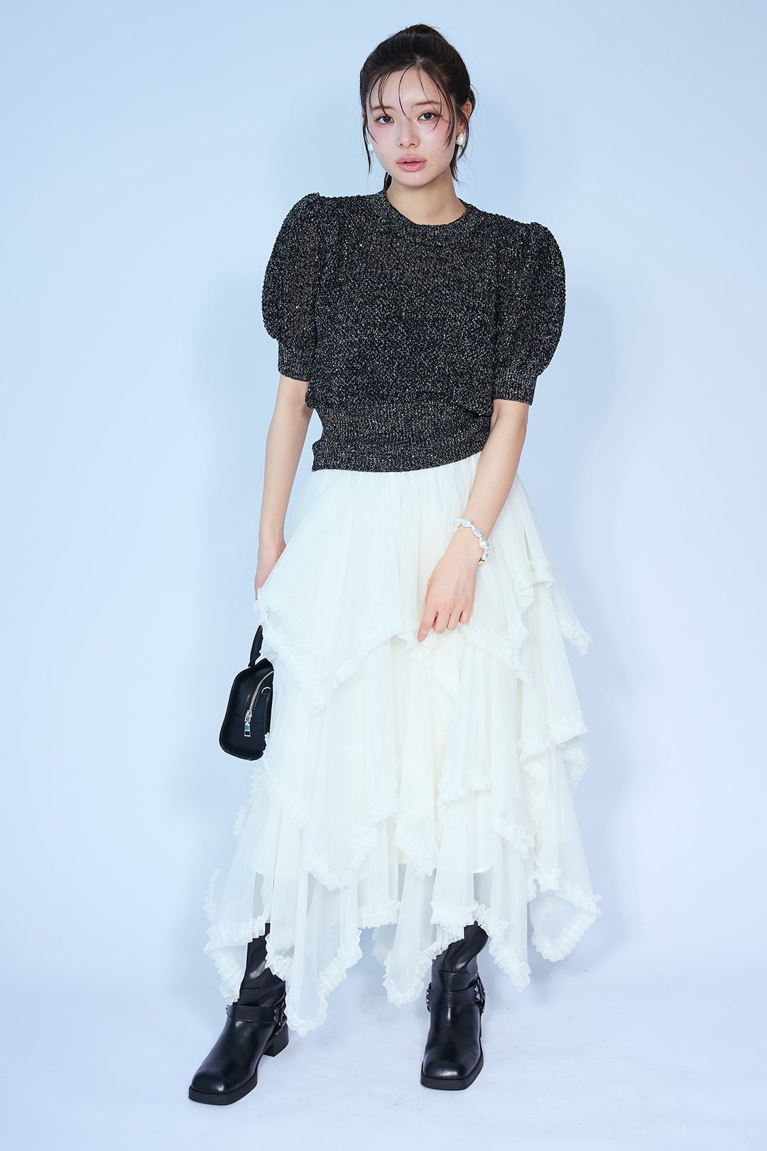 [予約]ラメ混パフスリーブハーフスリーブニット