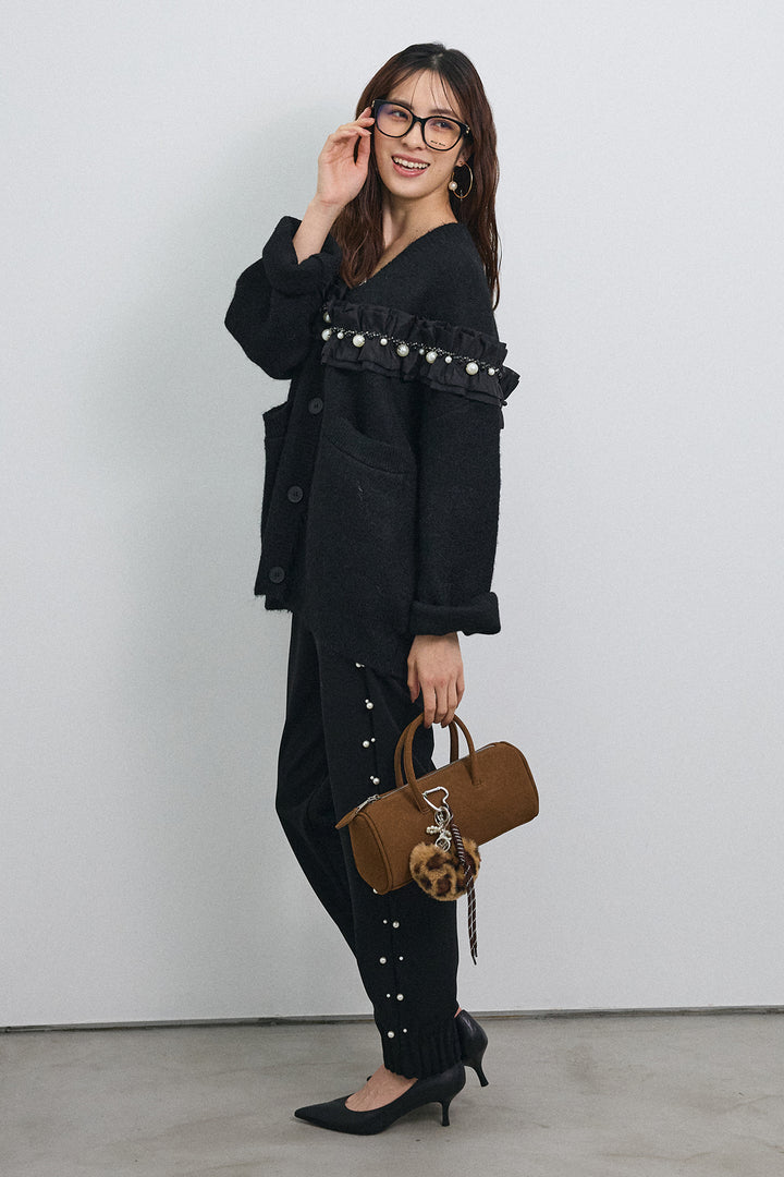 [予約/SET]フリルパールドッキングニットコーディガン+サイドパール裾タックジョガーパンツ(2set)