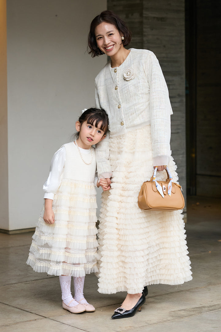 [予約/親子SET][kids]ティアードプリーツパールワンピセット+ツイード×チュールレイヤードクロップドジャケット+ホイップチュールティアードスカート(3set)