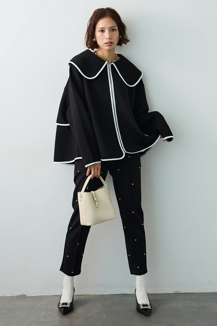 [予約/SET]バイカラーボンディング襟付きコート+センターシームランダムパールパンツ(2set)