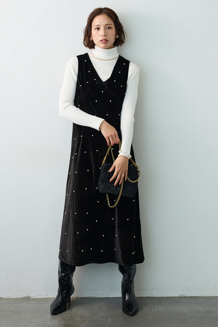 [予約]ベロアパールVネックロングワンピ