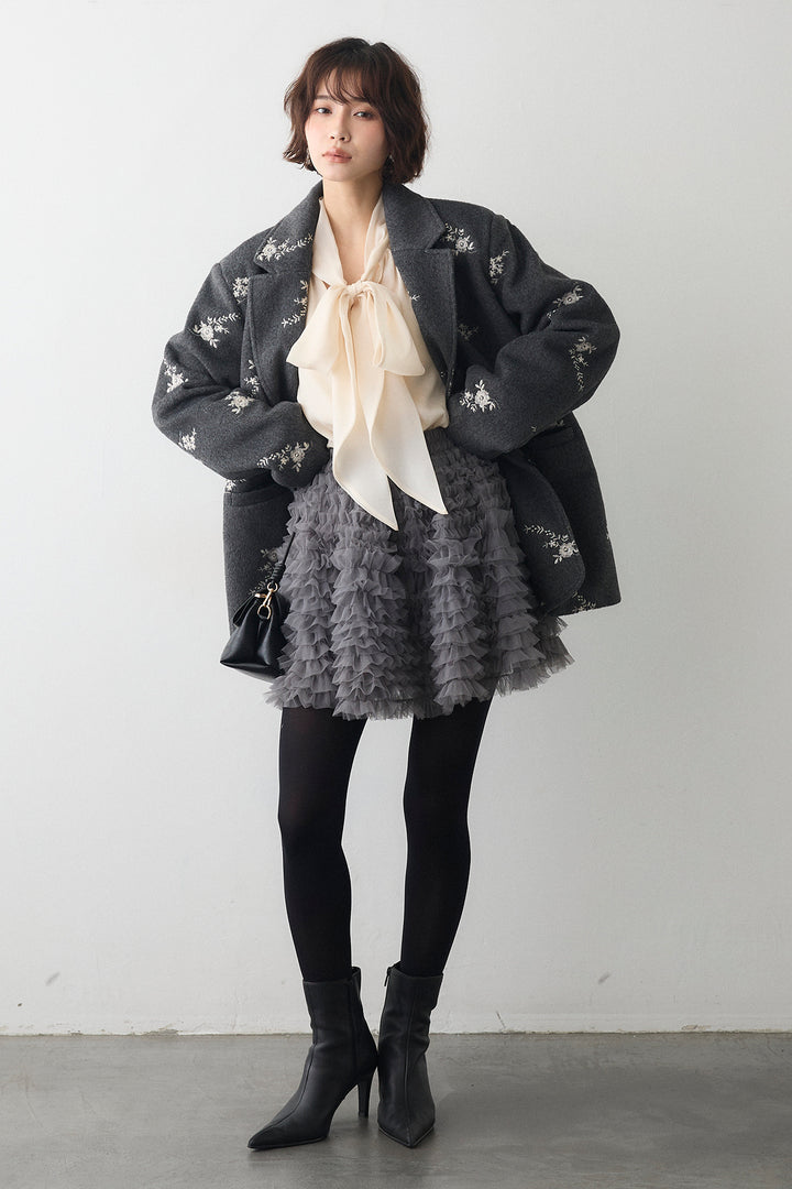 [予約/SET]前後2wayリボンシアーブラウス+フラワーエンブロイダリーモッサジャケット+ホイップチュールミニ丈スカート(3set)