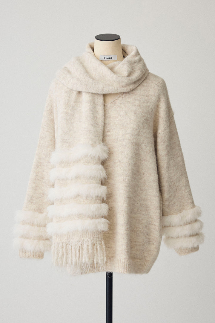 [予約]マフラー付きファーラインデザインニットカーデ