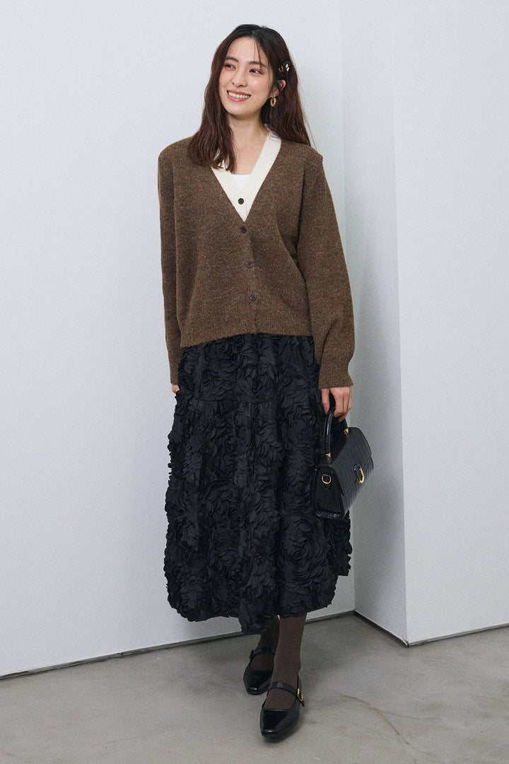 [予約/SET]配色レイヤードニットカーデ+ローズフラワー立体フレアスカート(2set)