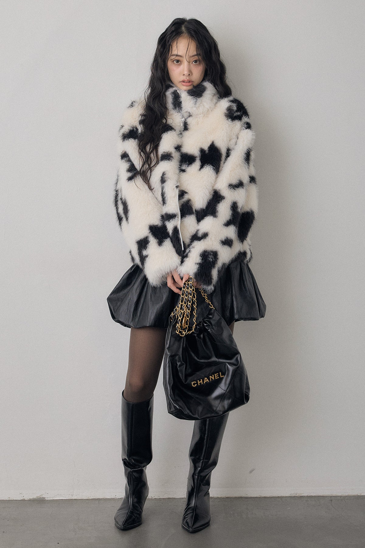 予約/SET]COW柄スタンドファーライクコート+フェイクレザーティアード