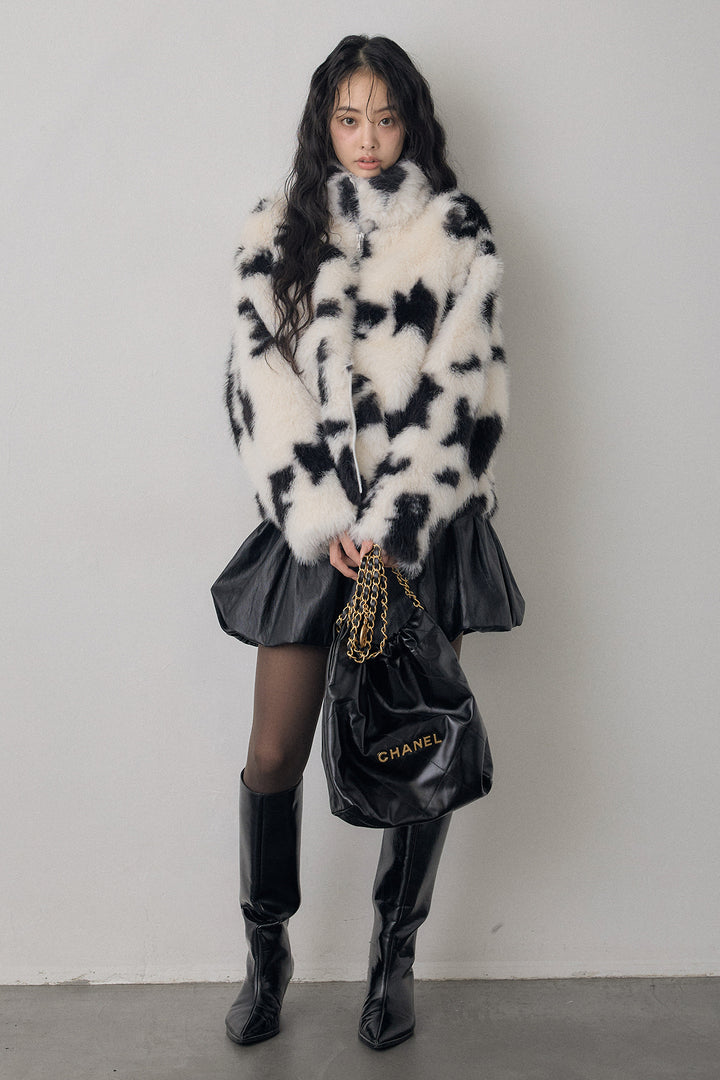 [予約/SET]COW柄スタンドファーライクコート+フェイクレザーティアードバルーンミニスカート(2set)