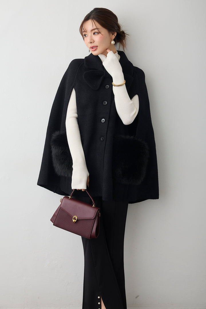 [予約/SET]ベーシックフィンガーホールリブニット+ウールタッチファーポケットポンチョコート(2set)