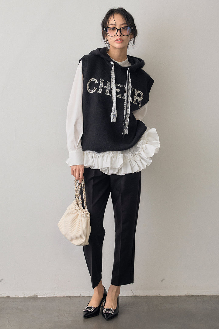 [予約/SET]レースリボンロゴフードスリーブレスニット+タックテーパードパンツ(2set)