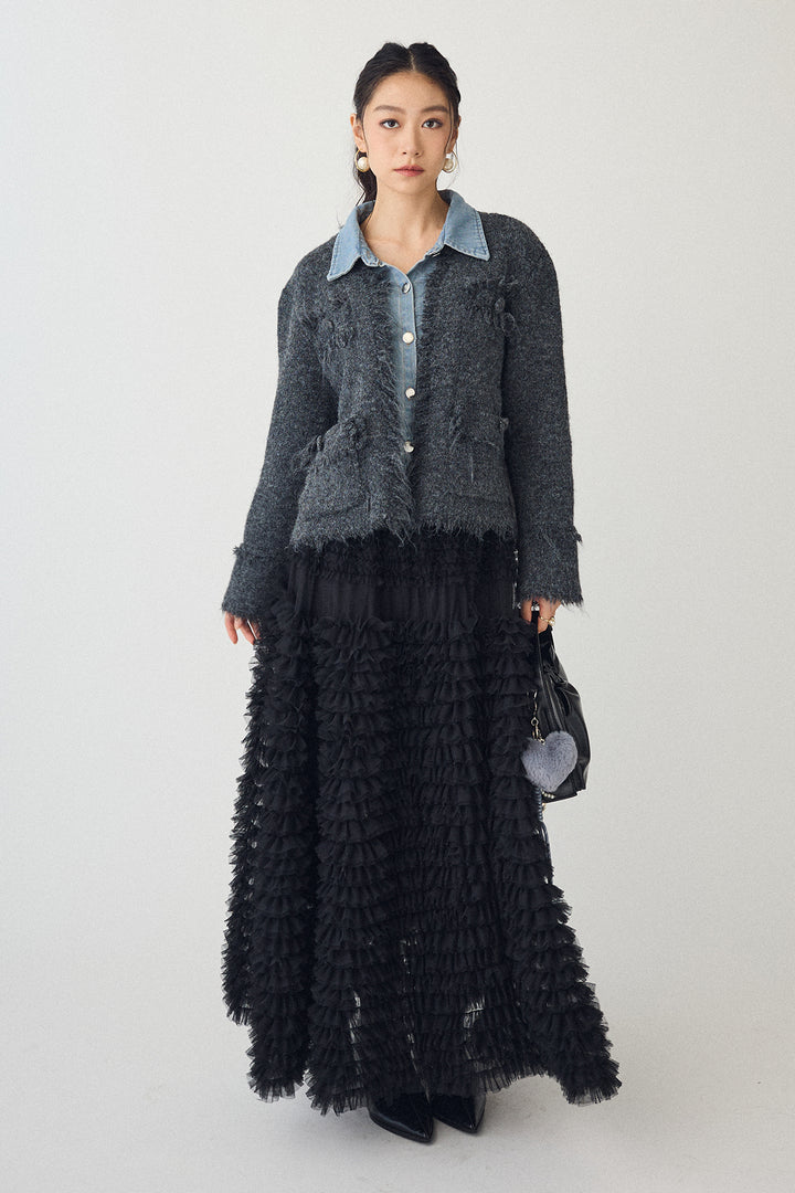 [予約/SET]デニムシャツドッキングツイードカーデ+ホイップチュールティアードスカート(2set)