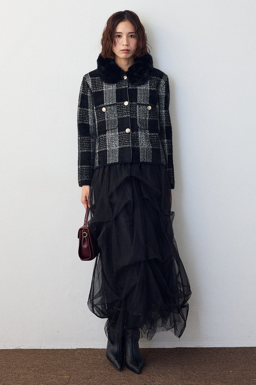 [予約]チェック柄ファー襟コーディガン