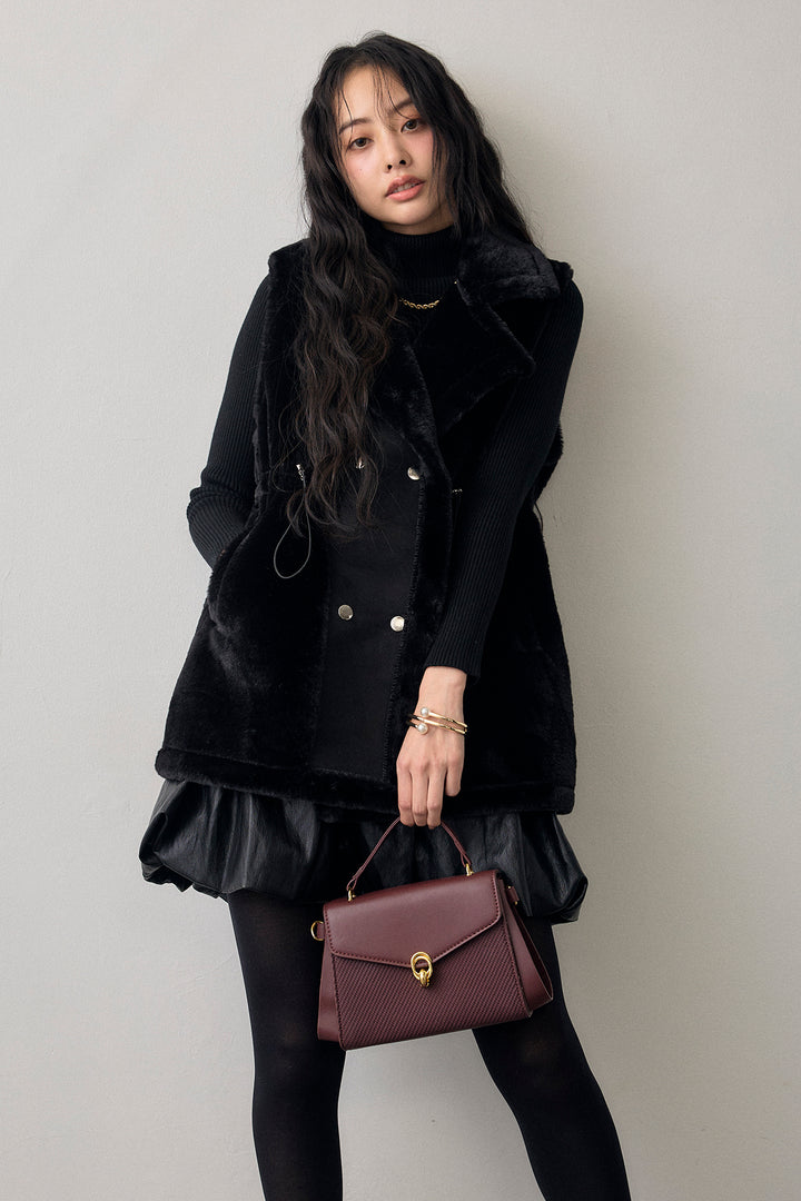 [予約/SET]テディボアウエストドロストベスト+フェイクレザーティアードバルーンミニスカート(2set)