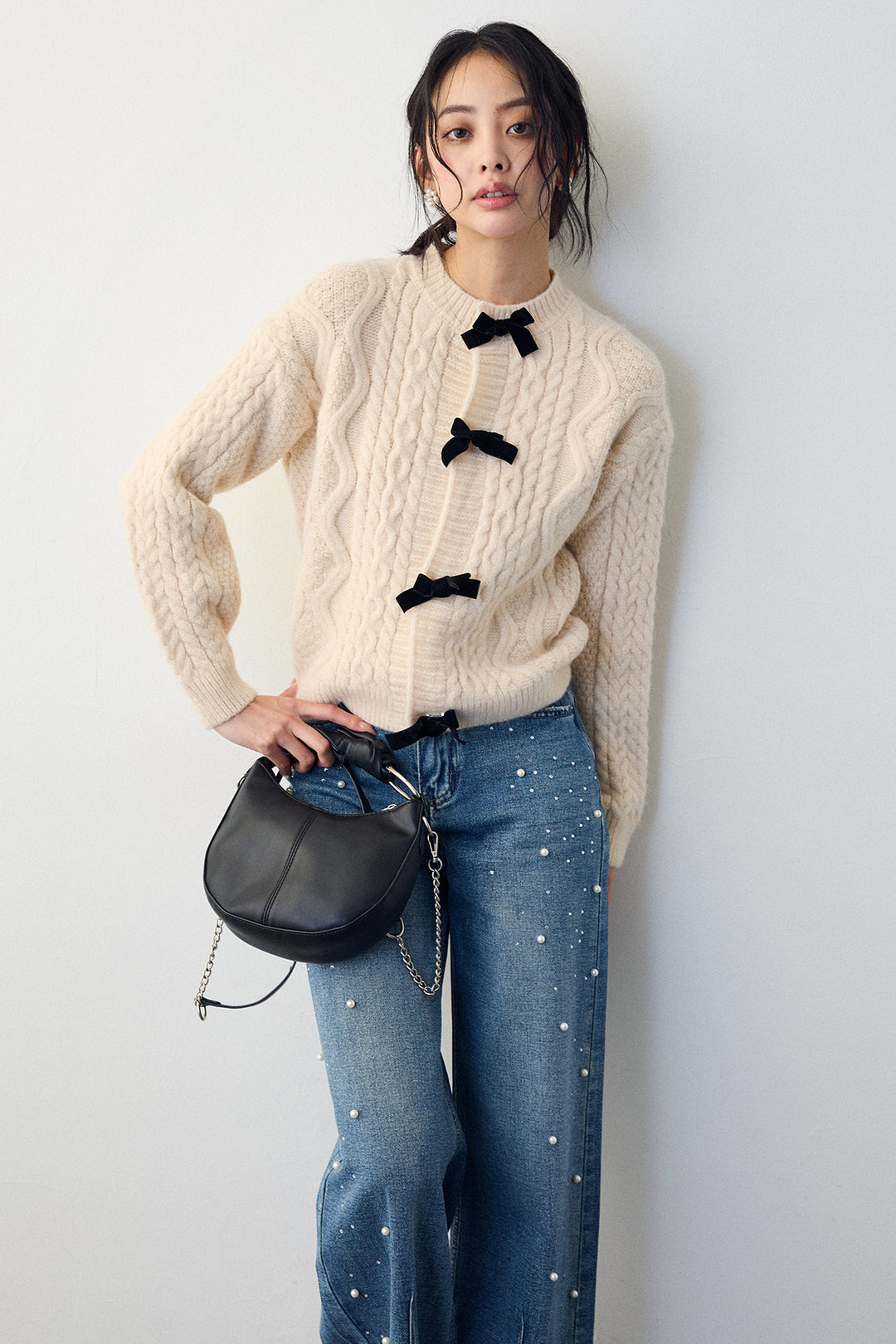 [予約]パールラインストーンハイウエストデニム