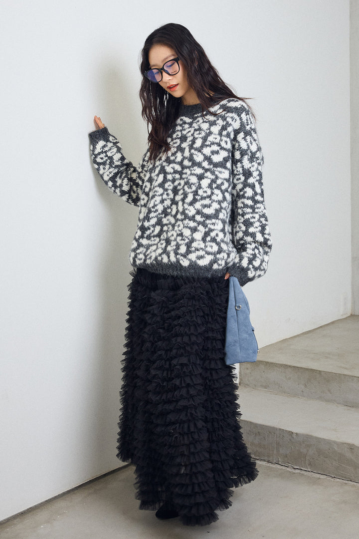 [予約/SET]レオパードクルーネックニットプルオーバー+ホイップチュールティアードスカート(2set)