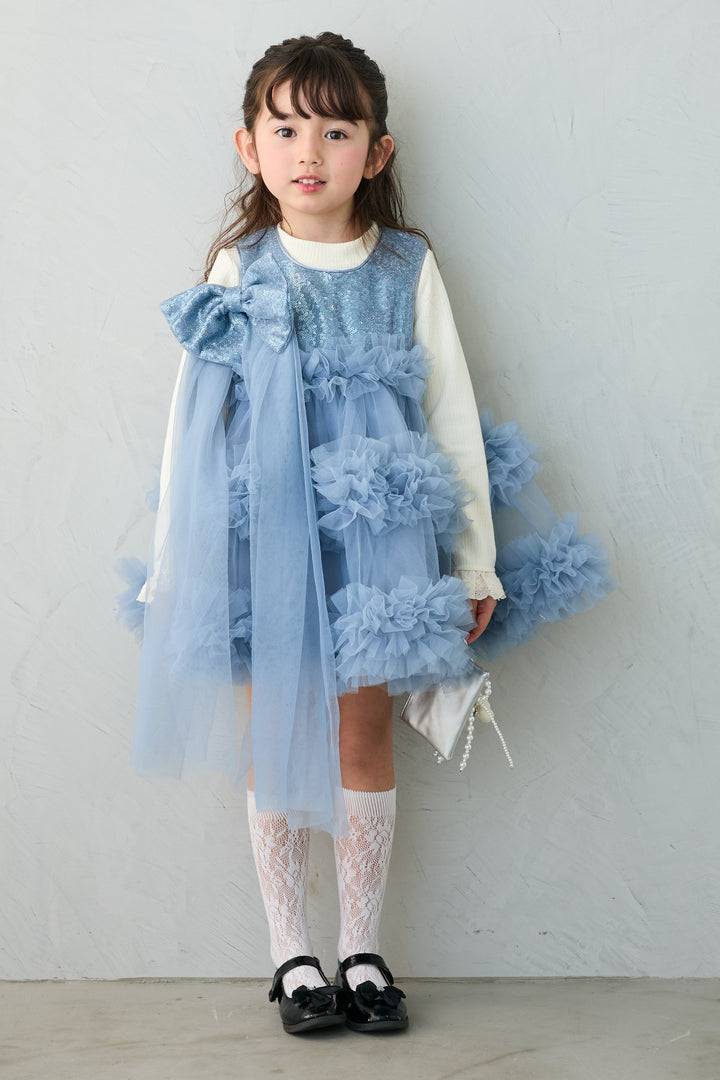 [予約](kids)スパンコールリボンホイップチュールワンピセット