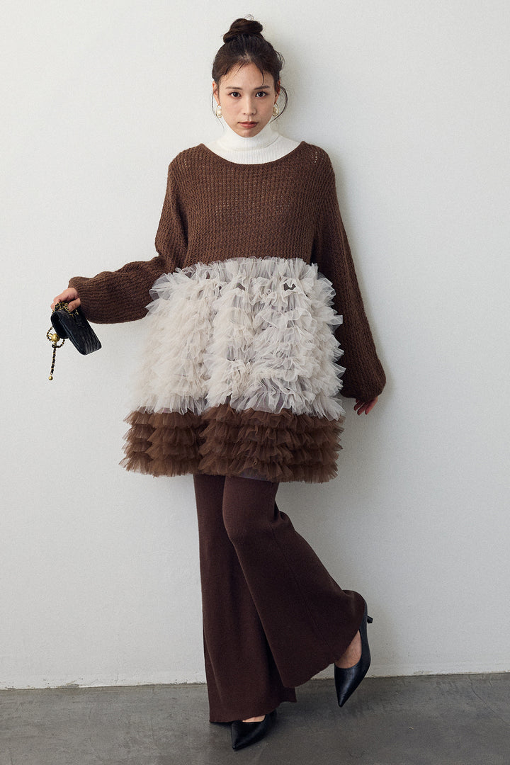 [予約/SET]ホイップチュールドッキングニットワンピ+リブストレッチフレアニットパンツ(2set)