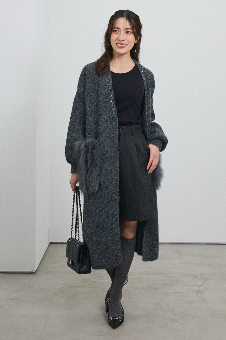[予約/SET]ファーポケットロングニットカーデ+ウールタッチセンタープレスハーフパンツ(2set)
