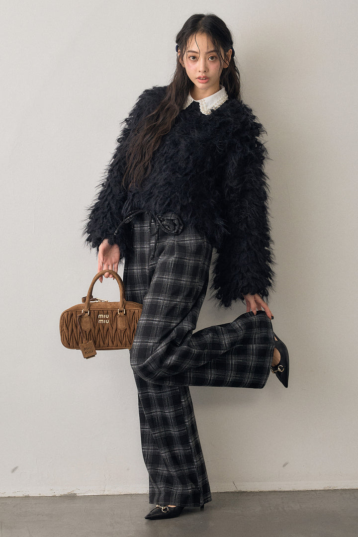 [予約/SET]2連パール付け襟+ループシャプルオーバーニット+クラシカルチェックフラワーモチーフ付きパンツ(3set)