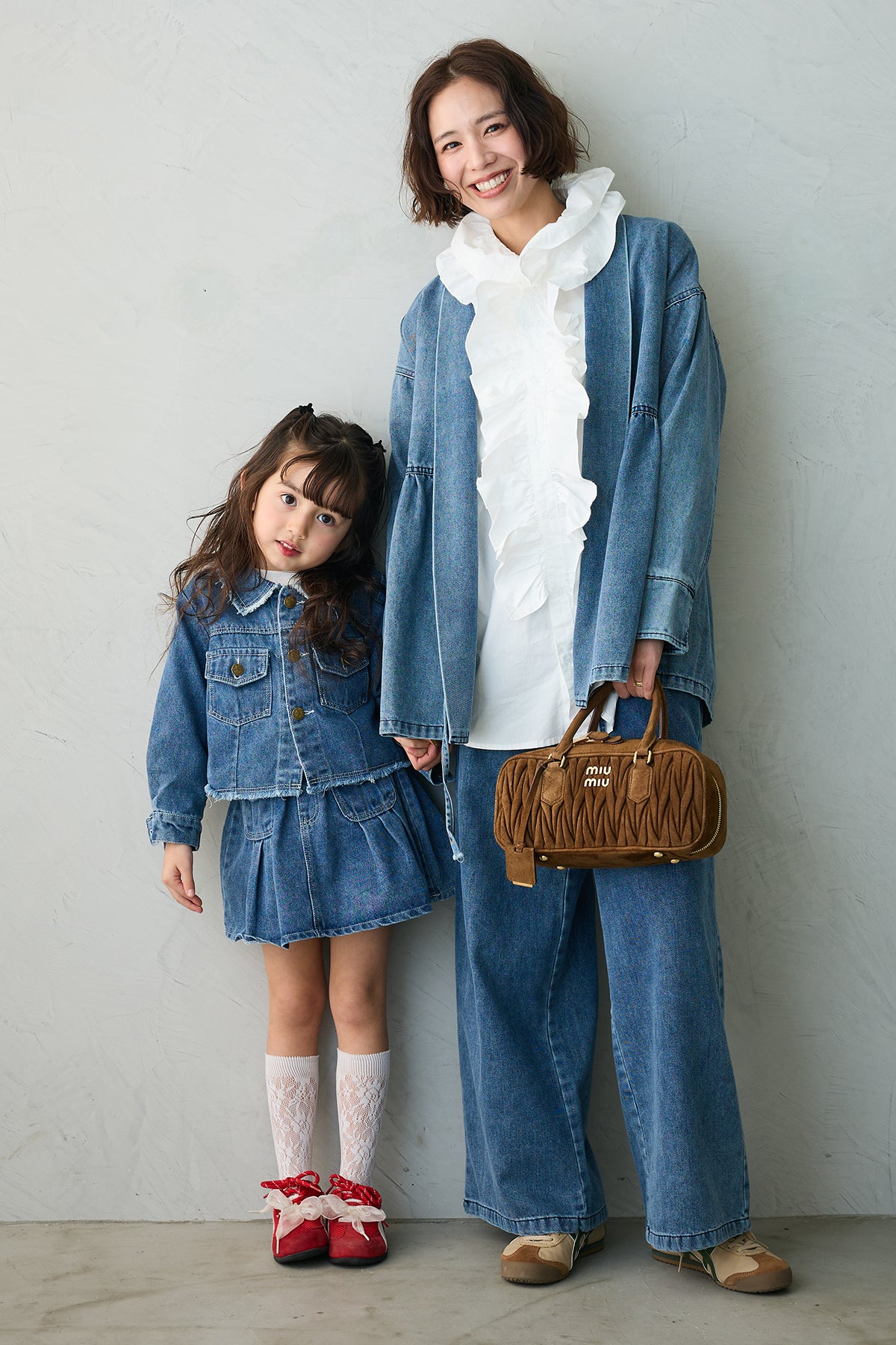 予約/親子SET][kids]ボックスプリーツデニムセットアップ+ブルーム